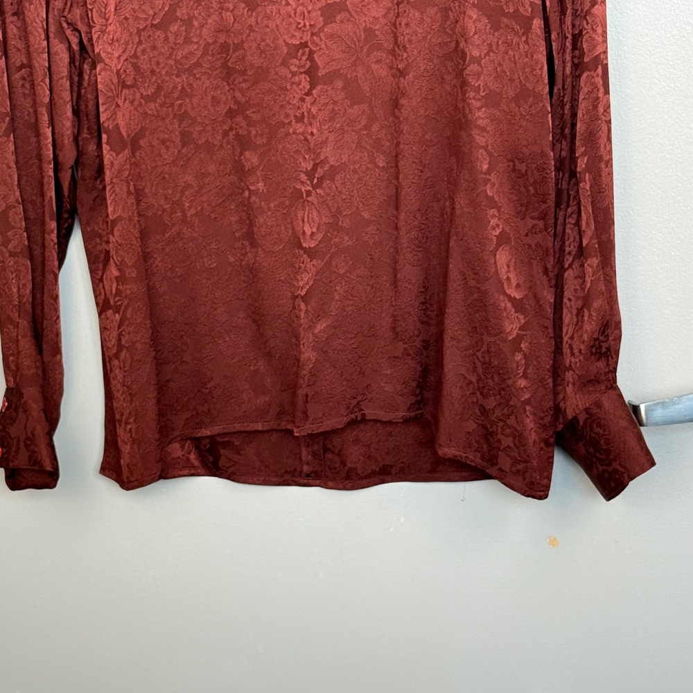 Anne Klein II Blouse Women 8 Burgundy Silk Floral Jacquard Mock Neck Vintage - Picture 5 of 13